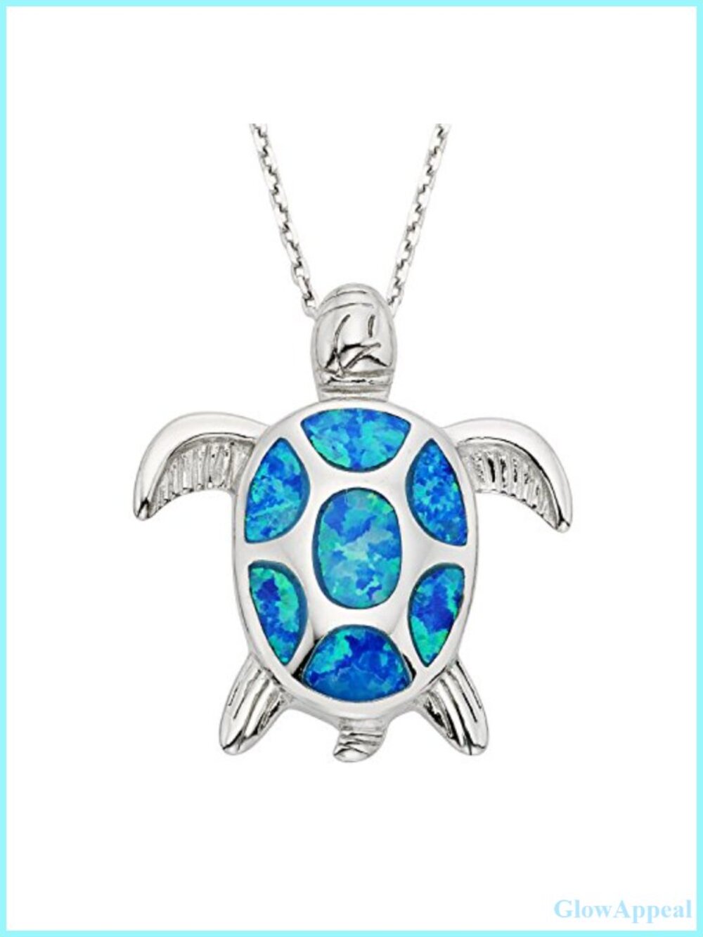Created Blue Opal Sea Turtle Necklace 925 Sterling Silver 18 Inch Chain